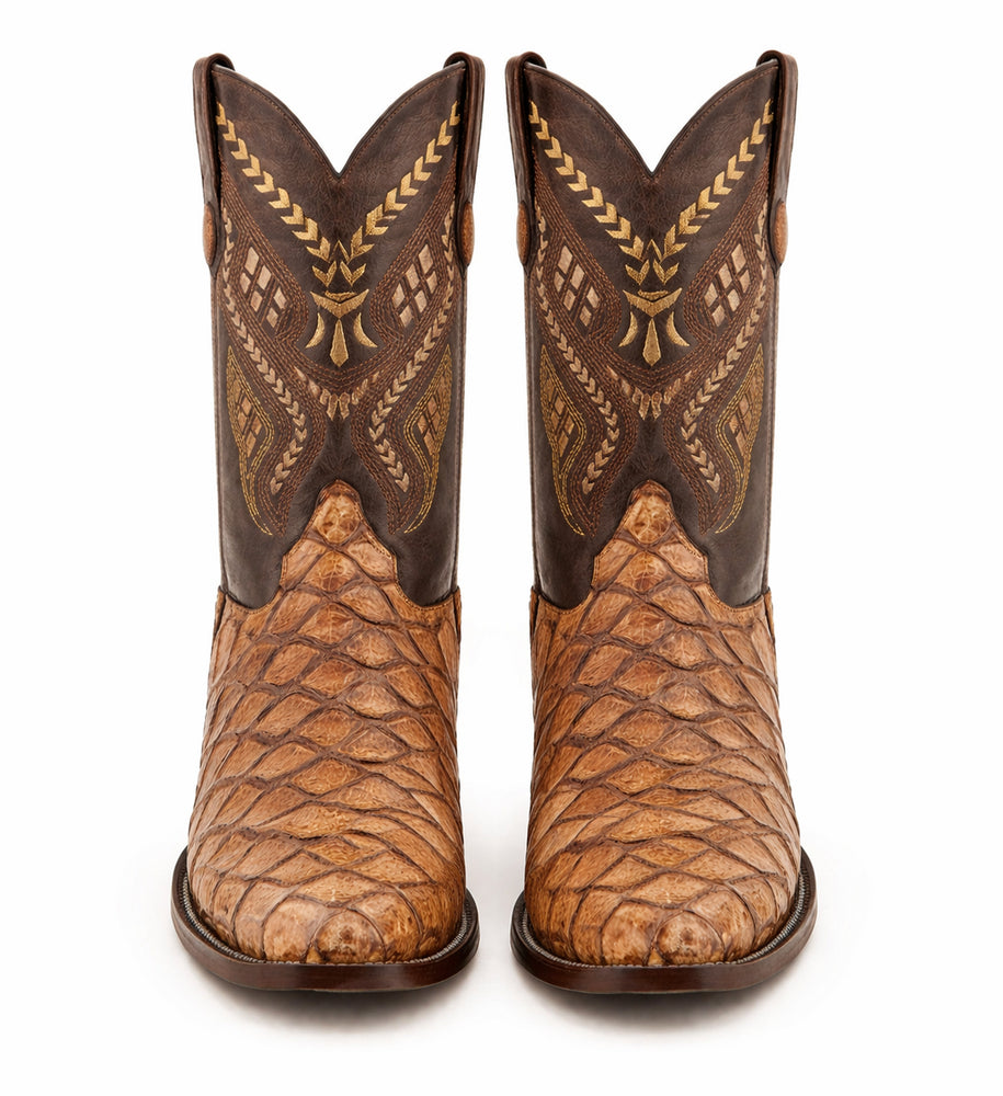 Mens Print Pirarucu Fish Boots Handcrafted Cognac