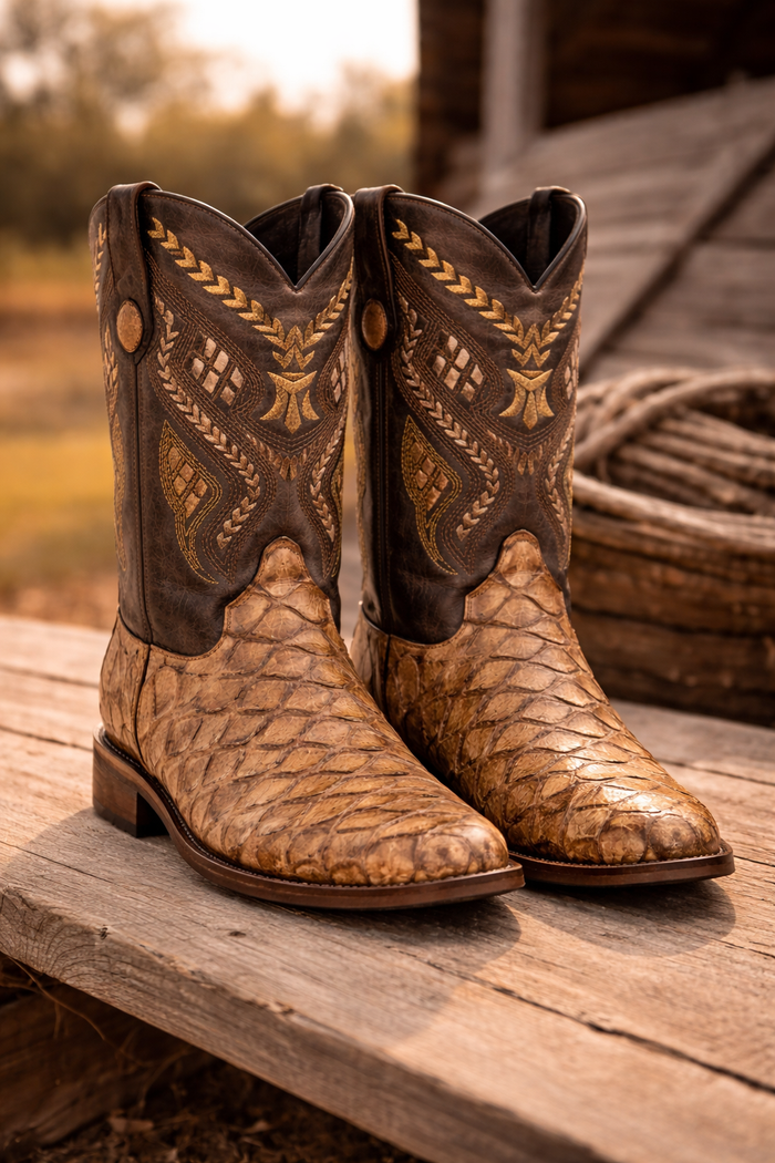 Mens Print Pirarucu Fish Boots Handcrafted Cognac