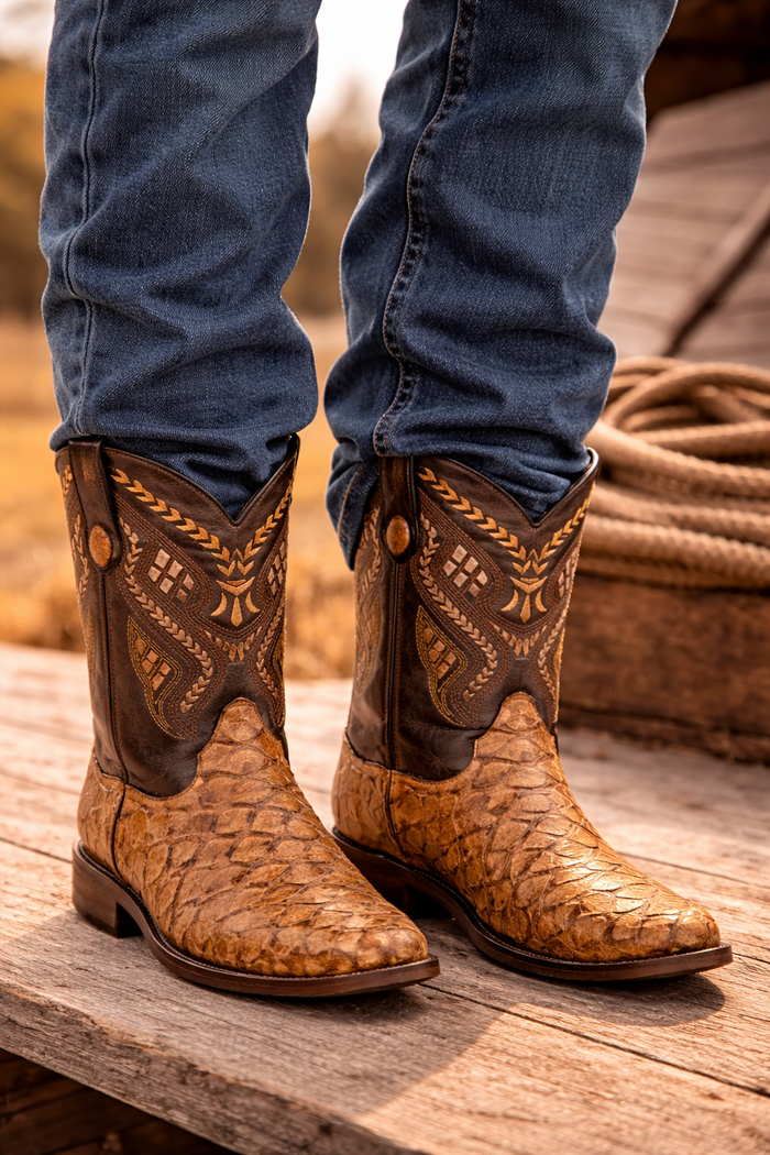 Mens Print Pirarucu Fish Boots Handcrafted Cognac