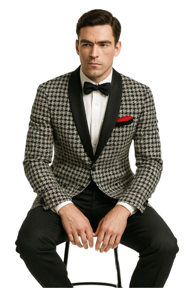 Mens Black and White Tuxedo Houndstooth Prom 2025 Suits - Groom Tuxedo