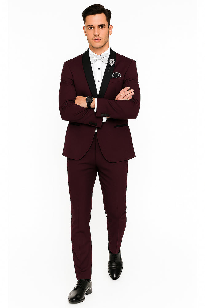 Men's Purple - Plum - Eggplant Jacket and Pants Two Button Shawl Lapel Tuxedo