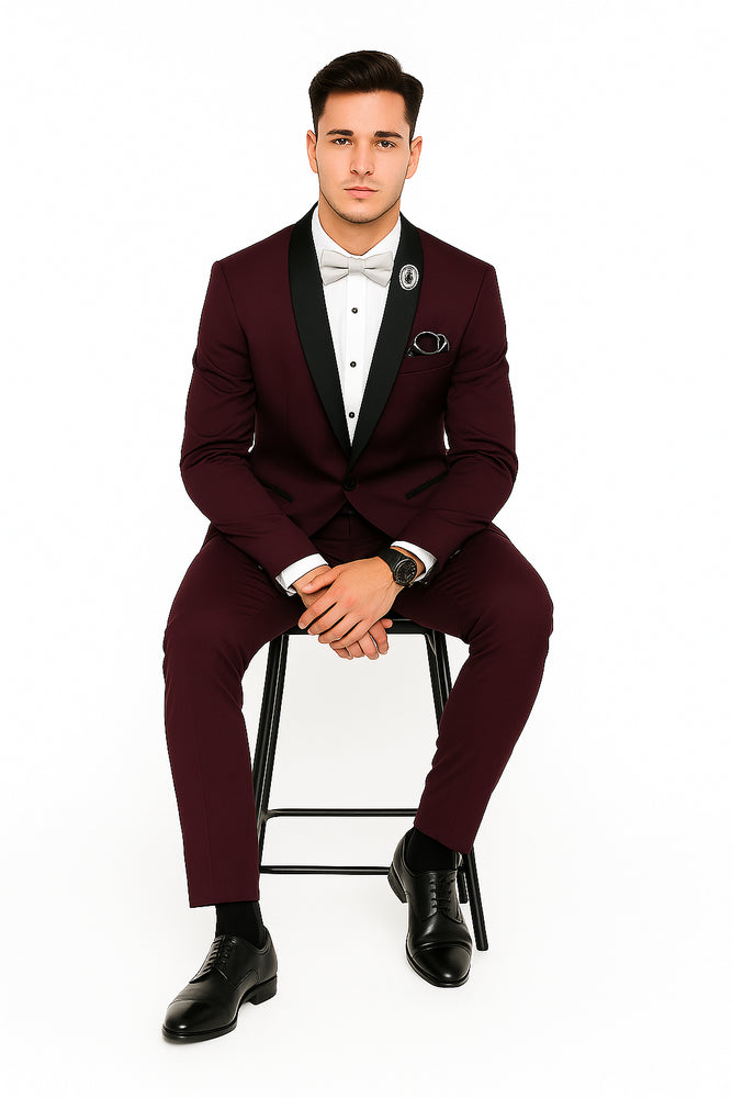 Men's Purple - Plum - Eggplant Jacket and Pants Two Button Shawl Lapel Tuxedo