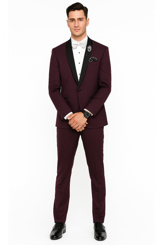 Men's Purple - Plum - Eggplant Jacket and Pants Two Button Shawl Lapel Tuxedo