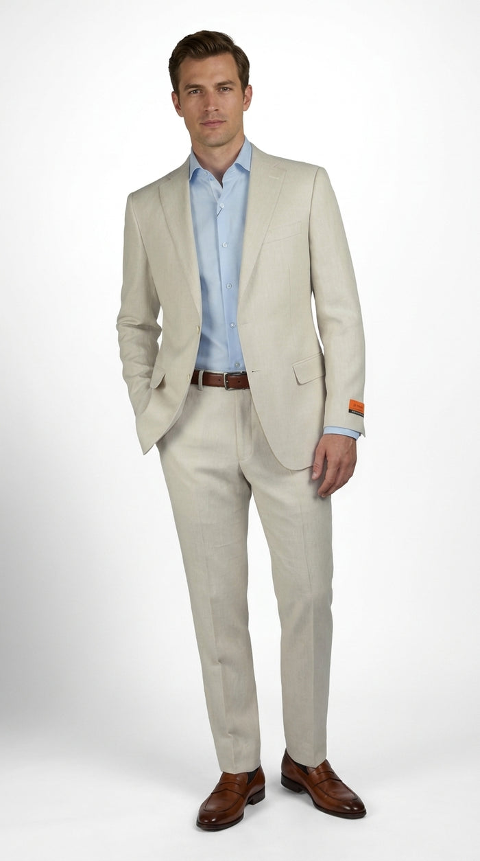 Mens Real ENZO Tovare Linen Spring Summer Suit – Lightweight Breathable Natural Linen Color Wedding Suit