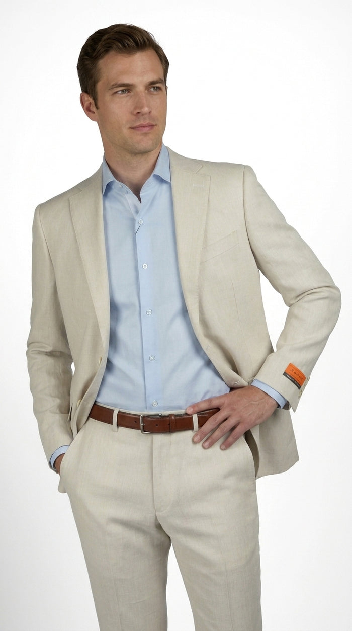 Mens Real ENZO Tovare Linen Spring Summer Suit – Lightweight Breathable Natural Linen Color Wedding Suit