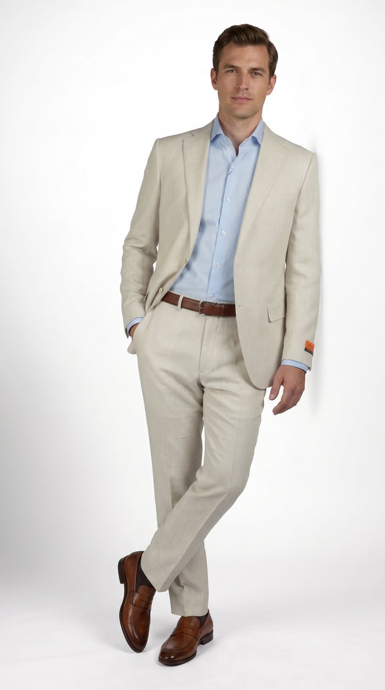 Mens Real ENZO Tovare Linen Spring Summer Suit – Lightweight Breathable Natural Linen Color Wedding Suit