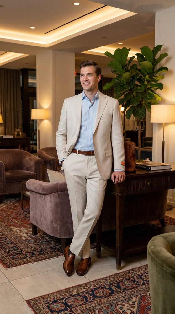 Mens Real ENZO Tovare Linen Spring Summer Suit – Lightweight Breathable Natural Linen Color Wedding Suit