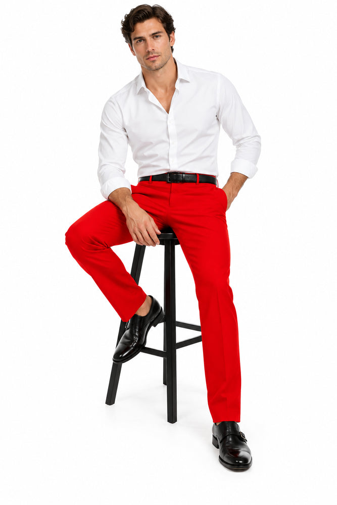 Men's Red 100% Polyester Slim Fit Pants
