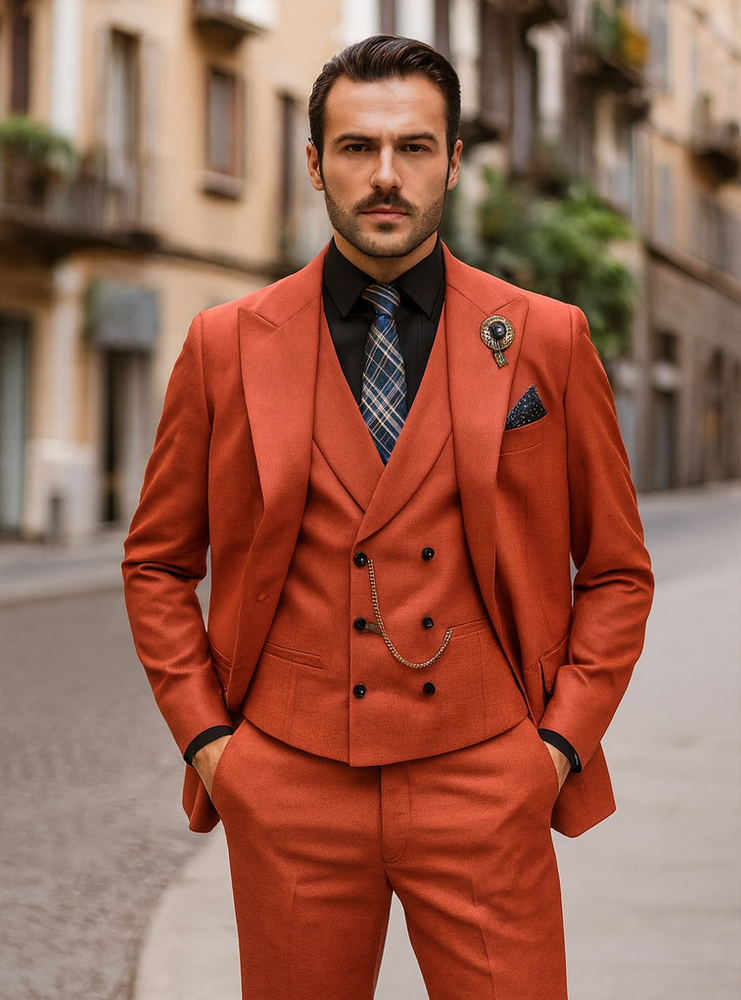 Modern Red Slim Fit Suit for Men – Vest and Plaid Tie Style