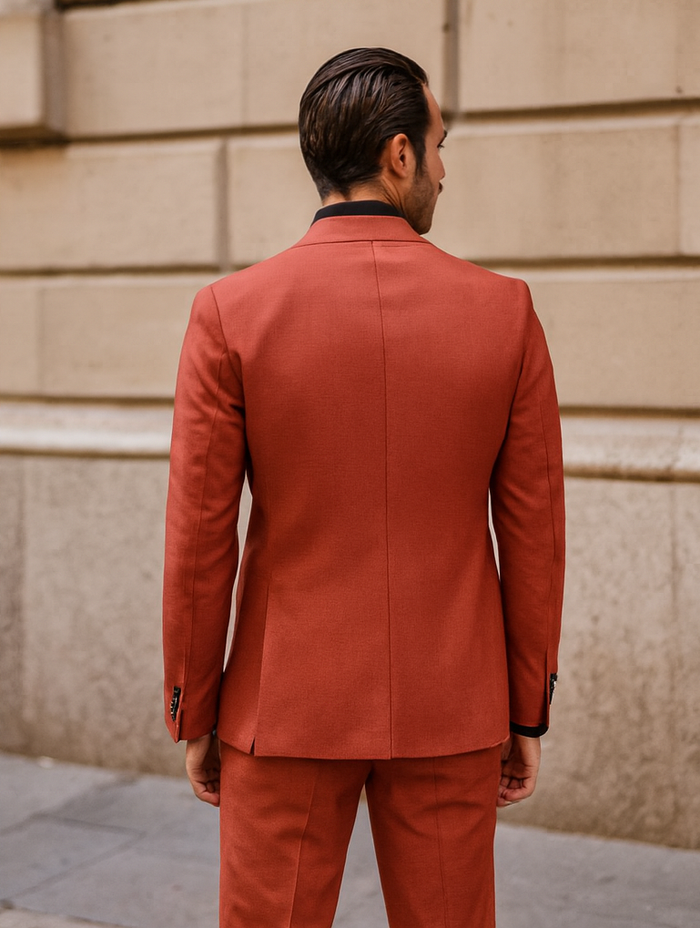 Modern Red Slim Fit Suit for Men – Vest and Plaid Tie Style