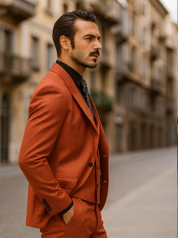 Modern Red Slim Fit Suit for Men – Vest and Plaid Tie Style