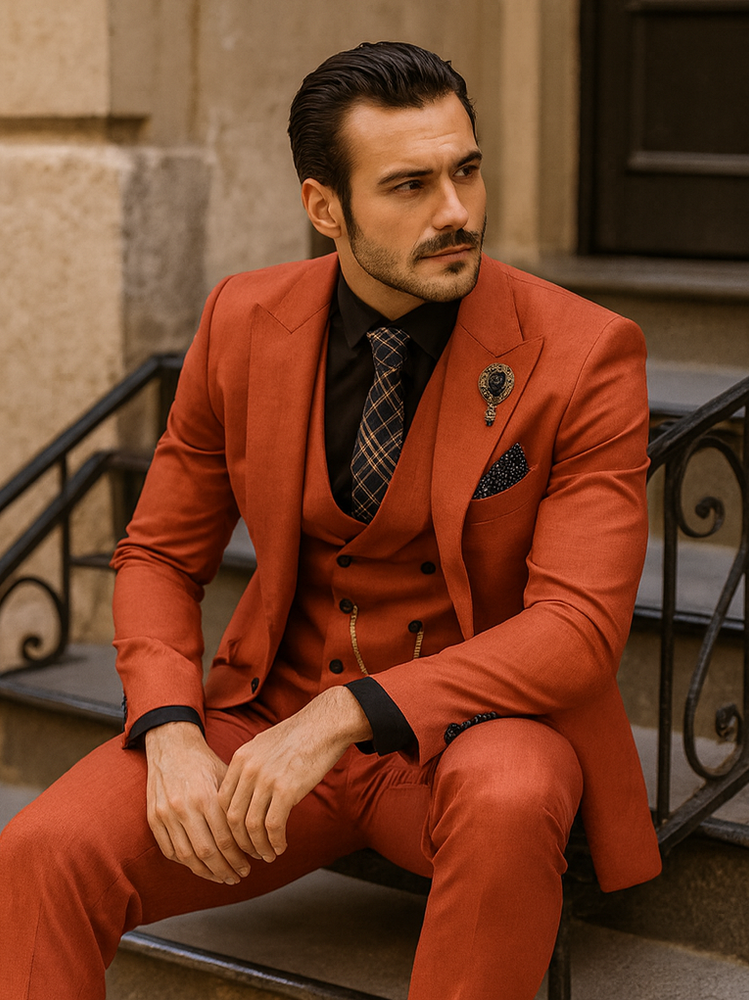 Modern Red Slim Fit Suit for Men – Vest and Plaid Tie Style