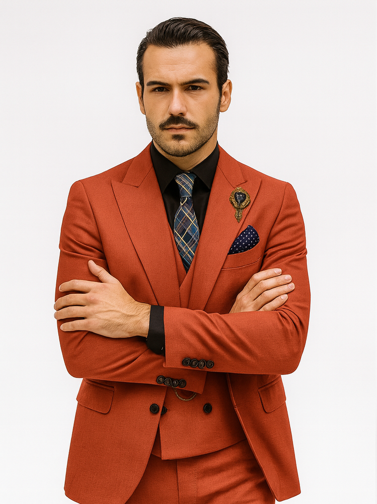 Modern Red Slim Fit Suit for Men – Vest and Plaid Tie Style