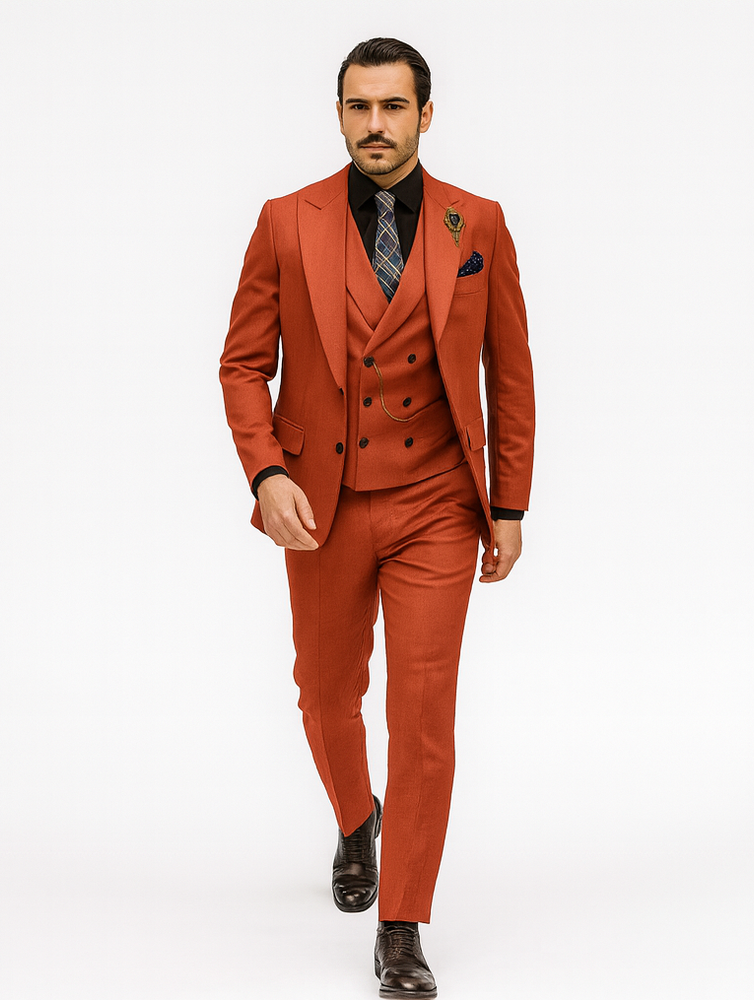 Modern Red Slim Fit Suit for Men – Vest and Plaid Tie Style