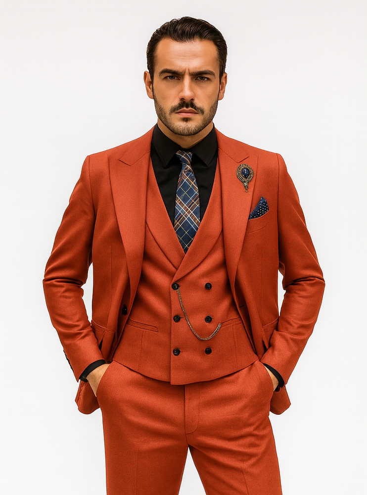 Modern Red Slim Fit Suit for Men – Vest and Plaid Tie Style