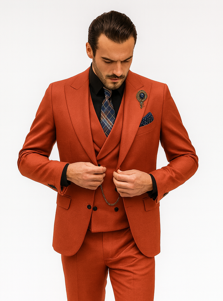 Modern Red Slim Fit Suit for Men – Vest and Plaid Tie Style