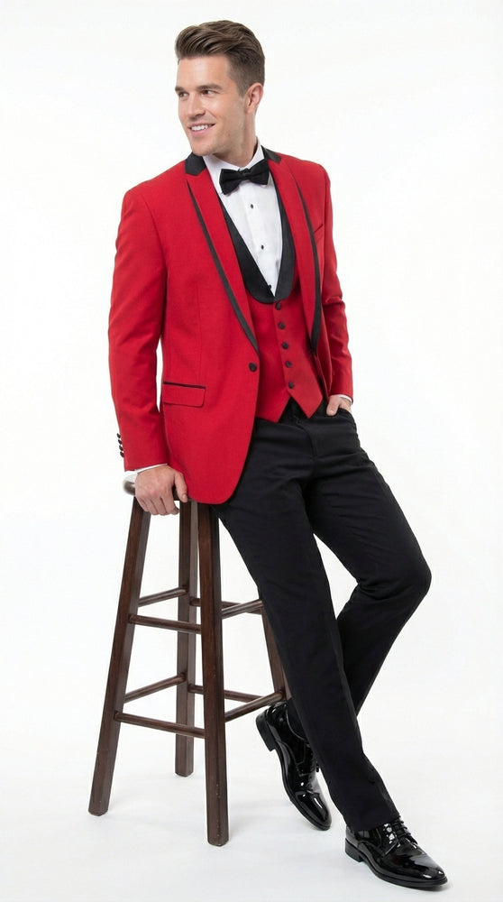 Mens Red and Black Tuxedo – Three Piece Formal Suit with Satin Shawl Lapel for Wedding and Prom