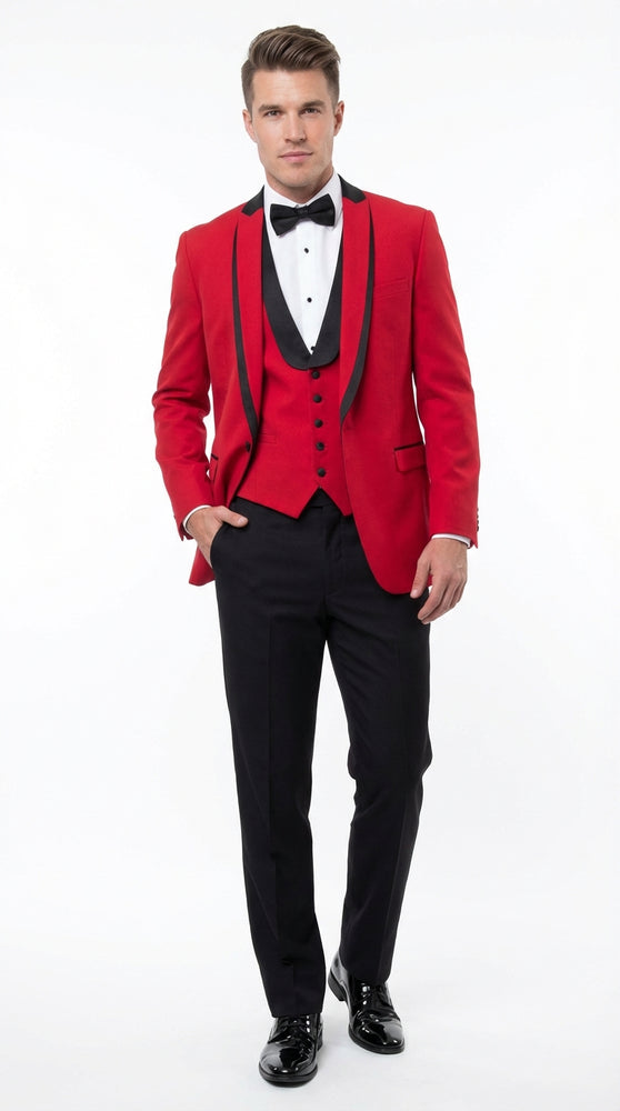 Mens Red and Black Tuxedo – Three Piece Formal Suit with Satin Shawl Lapel for Wedding and Prom