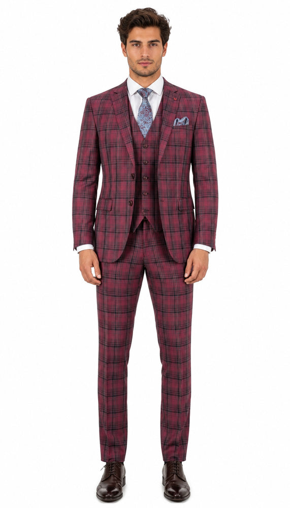 Mens Red Burgundy Plaid 3-Piece Suit – Classic Checkered Modern Fit Suit for Weddings, Church and Formal Events
