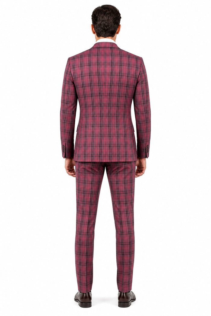 Mens Red Burgundy Plaid 3-Piece Suit – Classic Checkered Modern Fit Suit for Weddings, Church and Formal Events