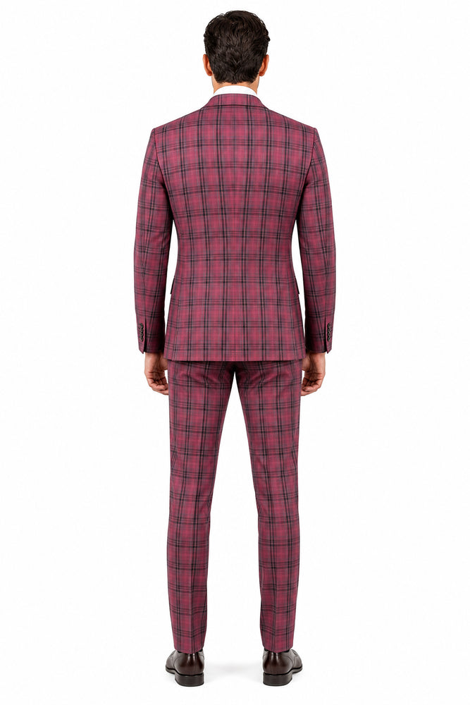 Mens Red Burgundy Plaid 3-Piece Suit – Classic Checkered Modern Fit Suit for Weddings, Church and Formal Events