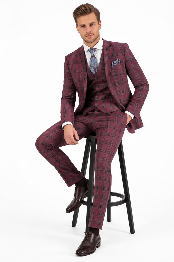 Mens Red Burgundy Plaid 3-Piece Suit – Classic Checkered Modern Fit Suit for Weddings, Church and Formal Events