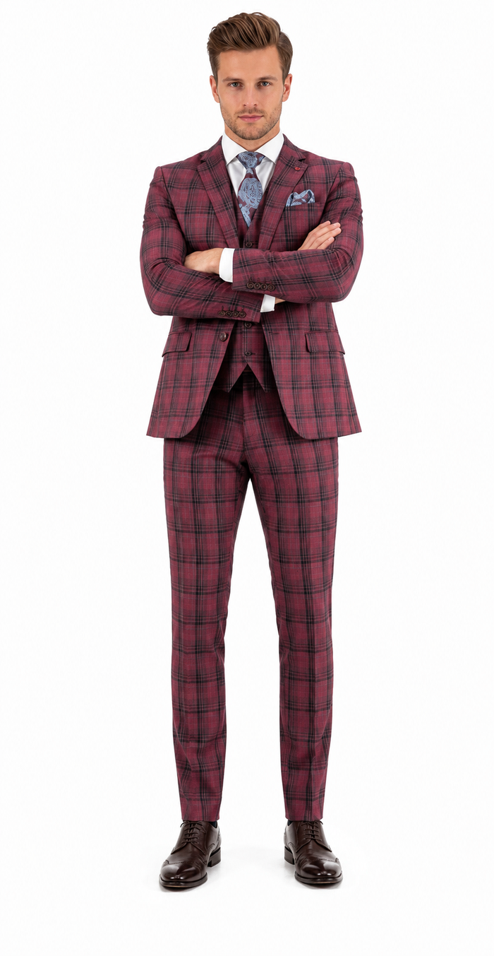 Mens Red Burgundy Plaid 3-Piece Suit – Classic Checkered Modern Fit Suit for Weddings, Church and Formal Events