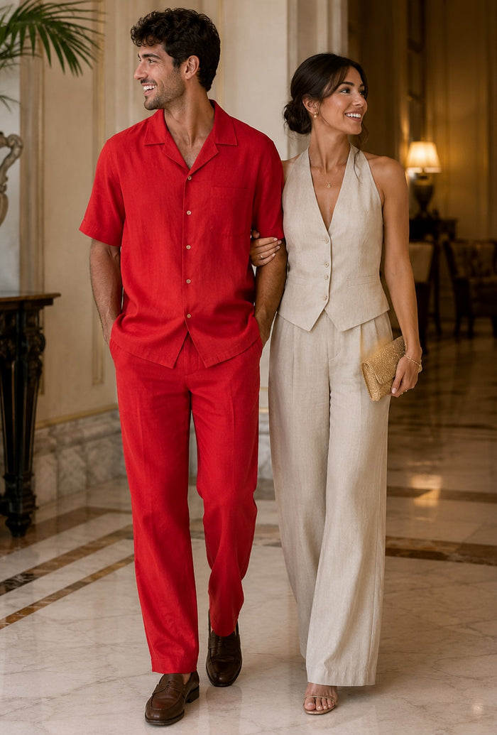 Mens Red Linen Leisure Suit