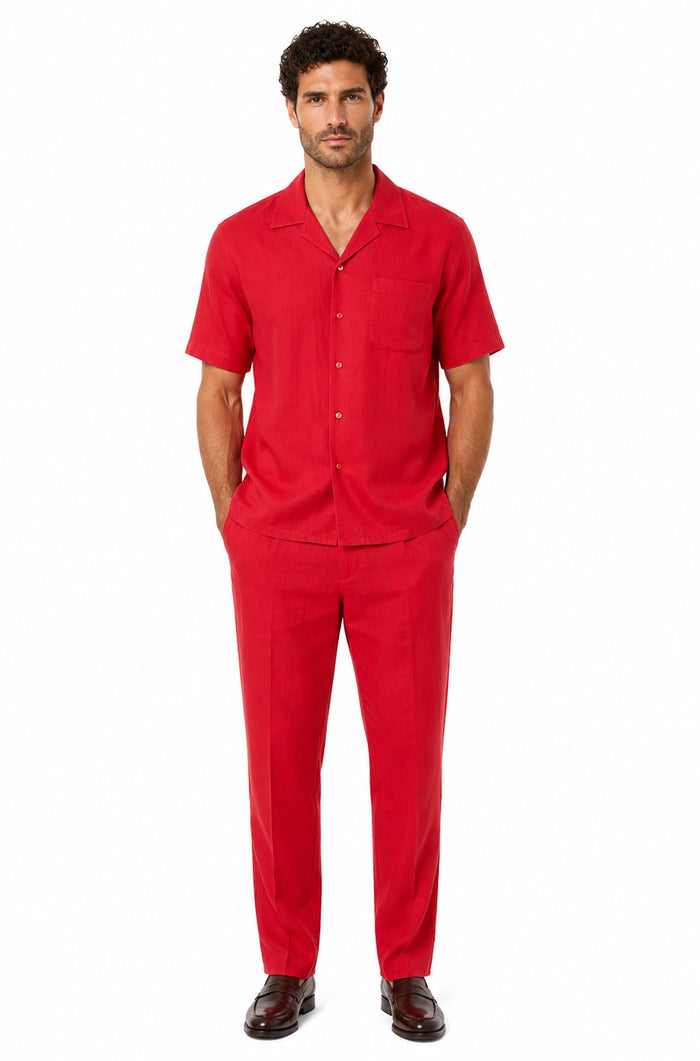 Mens Red Linen Leisure Suit