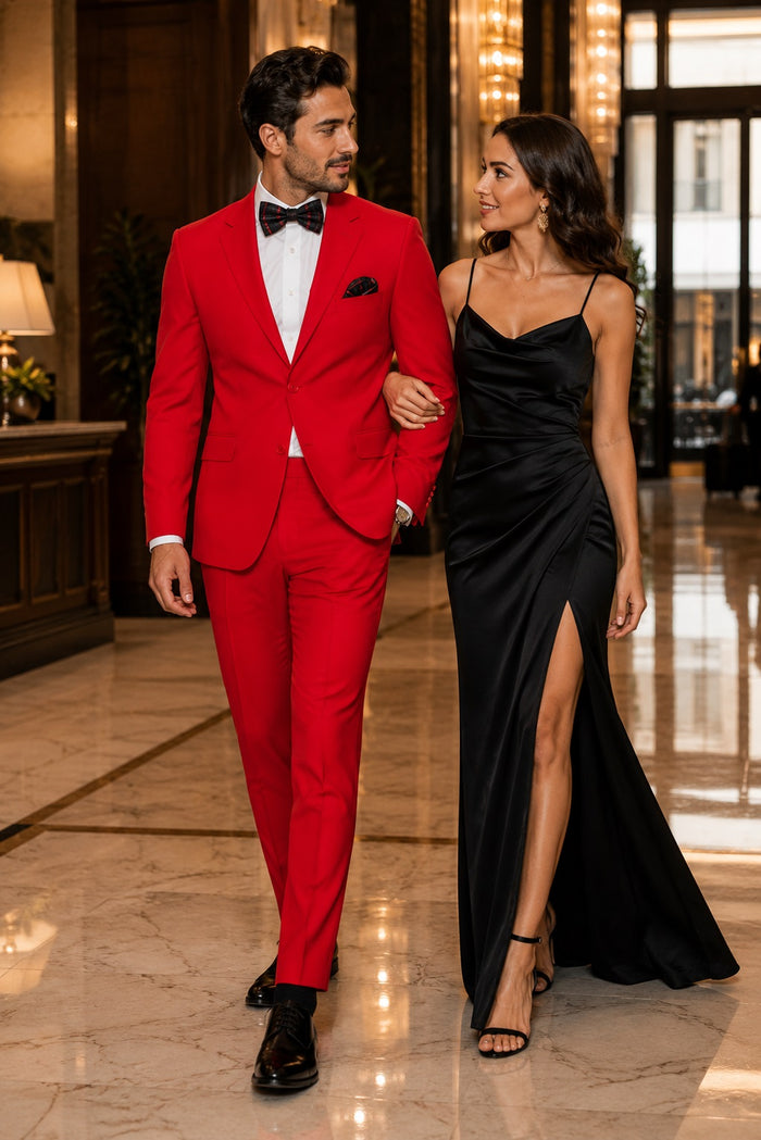 Mens Red Suit Poly~Rayon Fabric Modern Cut 2 Button Cheap Business Suits Clearance Sale