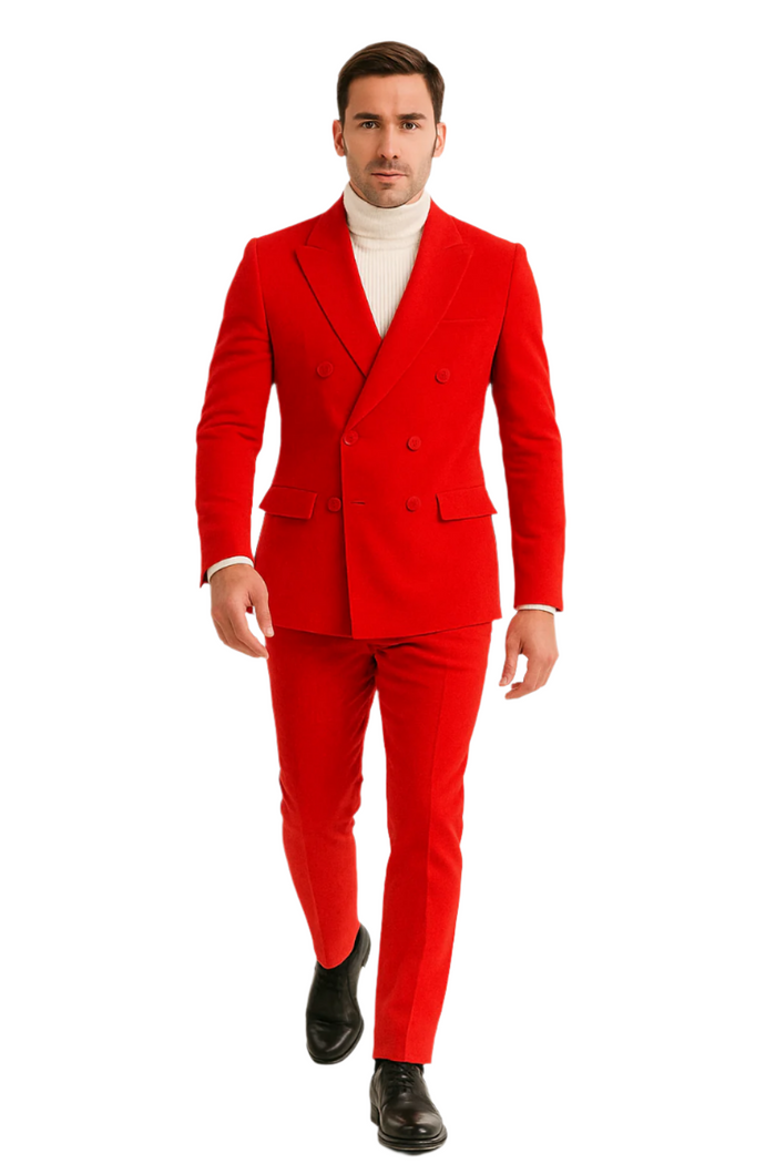 Mens Slim Fit Red Velvet Double Breasted Suit with Peak Lapel – Formal Tuxedo Style
