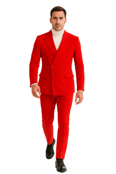Mens Slim Fit Red Velvet Double Breasted Suit with Peak Lapel – Formal Tuxedo Style