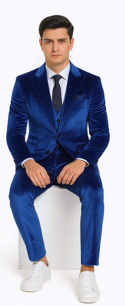 Tazzio Men’s Royal Blue Velvet Blazer and Trousers – Slim Fit Formal Suit