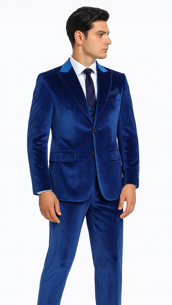 Tazzio Men’s Royal Blue Velvet Blazer and Trousers – Slim Fit Formal Suit