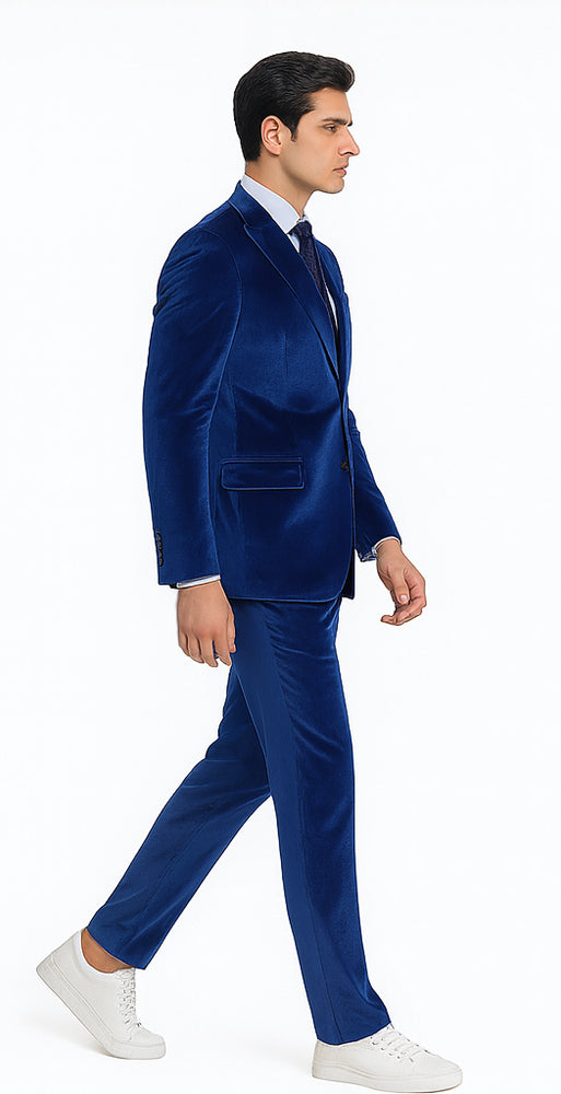 Tazzio Men’s Royal Blue Velvet Blazer and Trousers – Slim Fit Formal Suit
