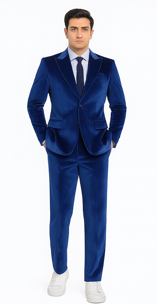 Tazzio Men’s Royal Blue Velvet Blazer and Trousers – Slim Fit Formal Suit