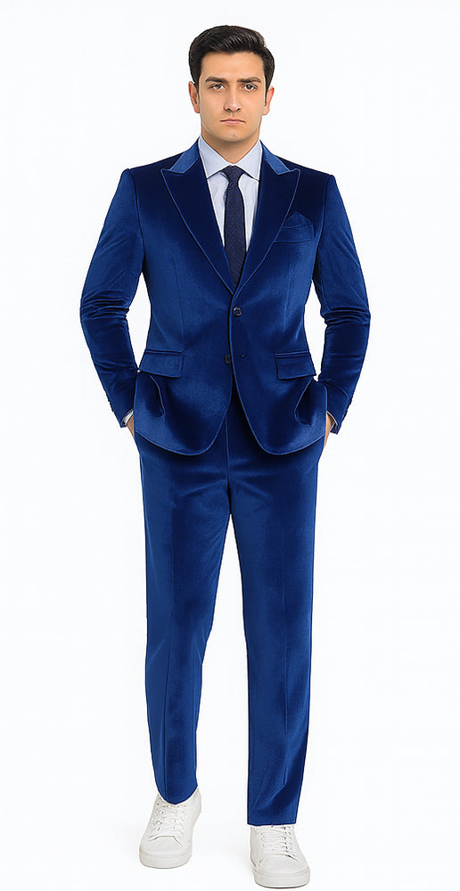 Tazzio Men’s Royal Blue Velvet Blazer and Trousers – Slim Fit Formal Suit