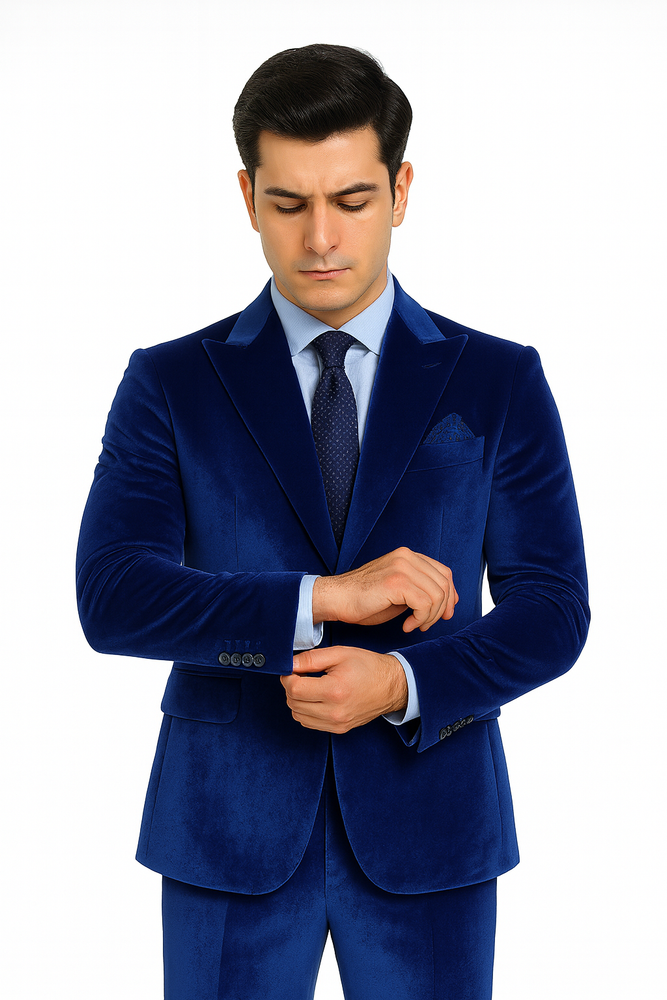 Tazzio Men’s Royal Blue Velvet Blazer and Trousers – Slim Fit Formal Suit