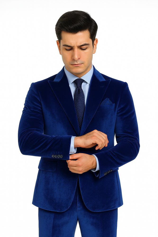 Tazzio Men’s Royal Blue Velvet Blazer and Trousers – Slim Fit Formal Suit