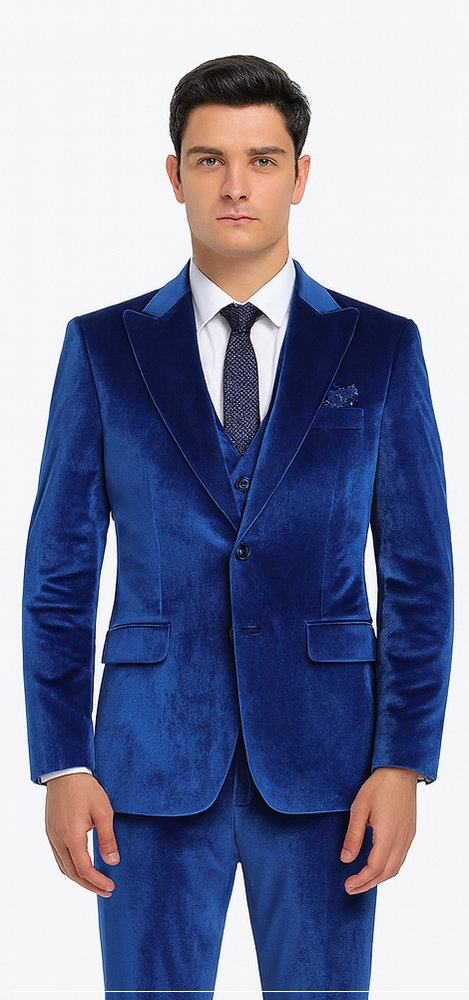 Tazzio Men’s Royal Blue Velvet Blazer and Trousers – Slim Fit Formal Suit