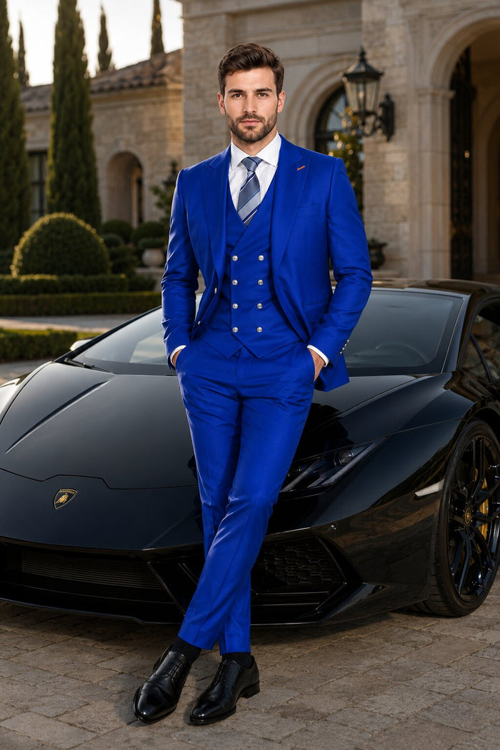 Men's Royal Blue Statement Ticket Pocket Peak Lapel Wool Double Breasted Vest Suit with Silver Buttons – Modern Fit