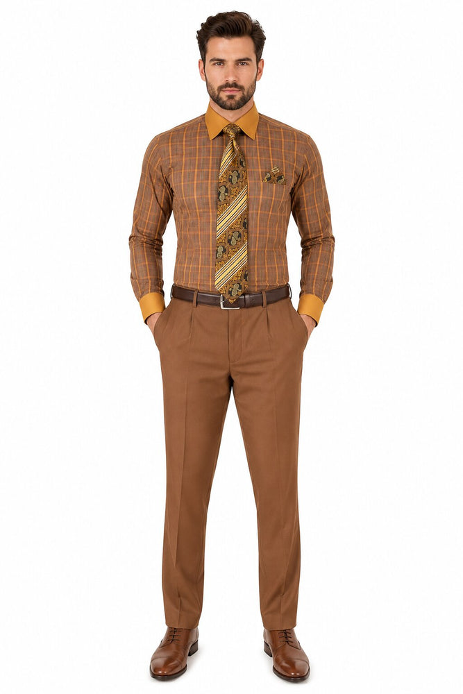Mens Rust Tone on Tone Check Pattern Dress Shirt
