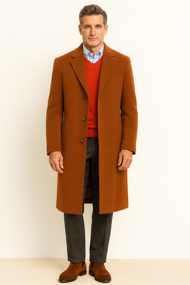 Men's Dress Coat full length Overcoat ~ Long Men's Dress Topcoat - Winter coat Rust (Cashmere Touch (not cashmere))