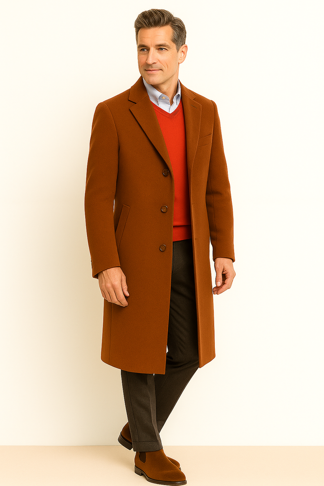Men's Dress Coat full length Overcoat ~ Long Men's Dress Topcoat - Winter coat Rust (Cashmere Touch (not cashmere))