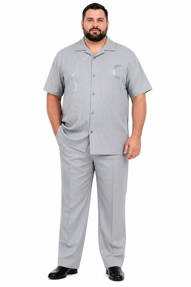 Men’s Light Gray Embroidered Walking Suit Set – 2 Piece Short Sleeve Casual Outfit