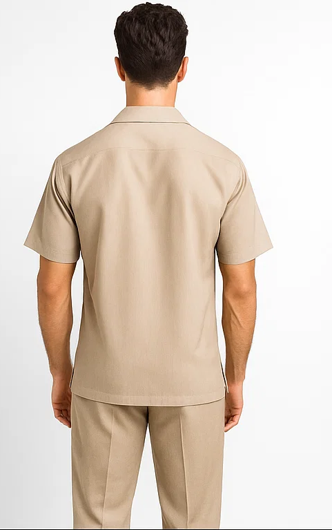 Men's Short Sleeve Khaki Plain Linen Casual Casual Two Piece Mens Walking Outfit For Sale Pant Sets Suit Pleated Pant - Mens Linen Suit