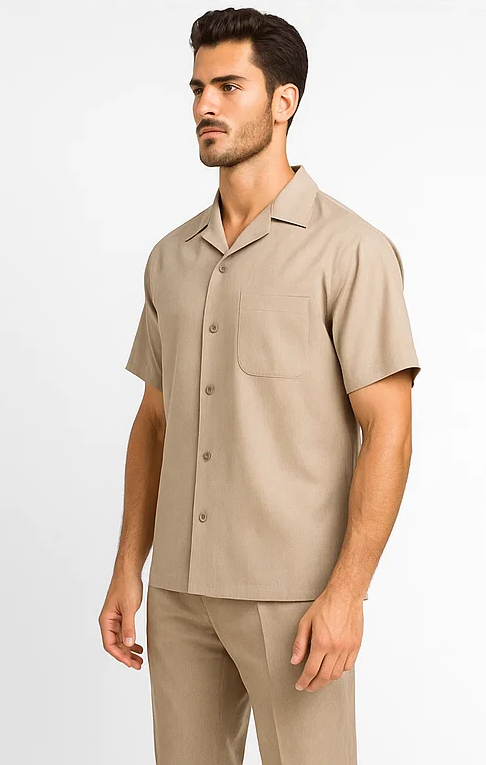 Men's Short Sleeve Khaki Plain Linen Casual Casual Two Piece Mens Walking Outfit For Sale Pant Sets Suit Pleated Pant - Mens Linen Suit