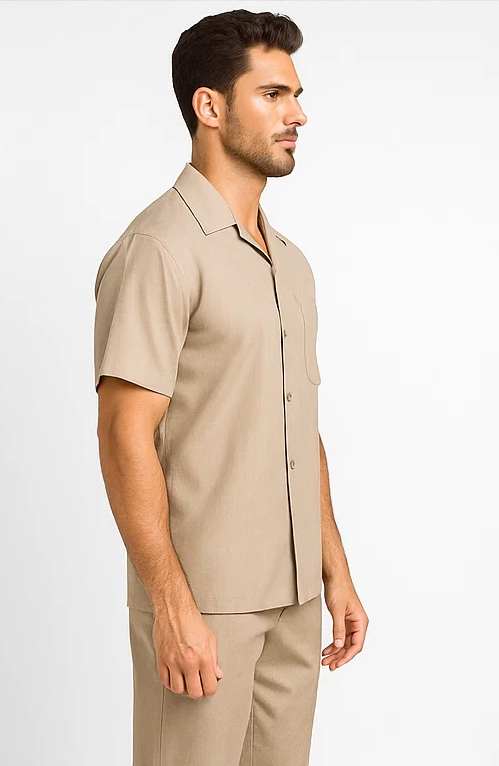 Men's Short Sleeve Khaki Plain Linen Casual Casual Two Piece Mens Walking Outfit For Sale Pant Sets Suit Pleated Pant - Mens Linen Suit