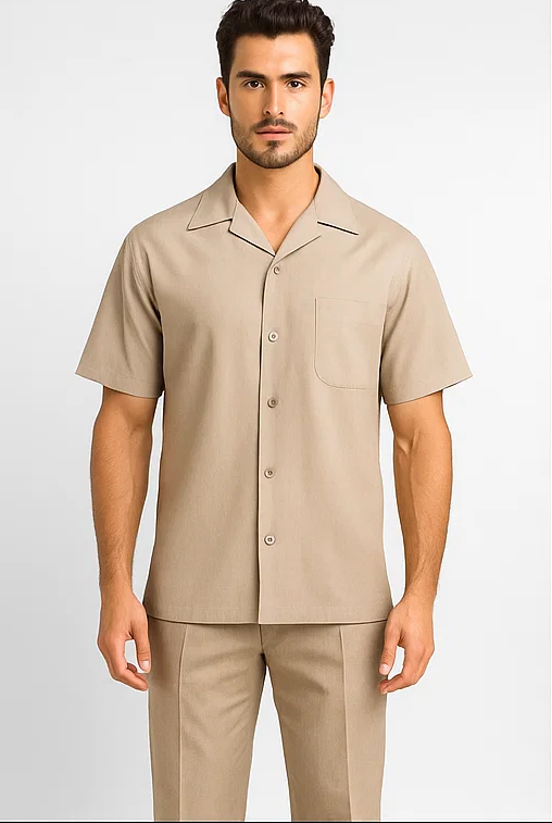 Men's Short Sleeve Khaki Plain Linen Casual Casual Two Piece Mens Walking Outfit For Sale Pant Sets Suit Pleated Pant - Mens Linen Suit