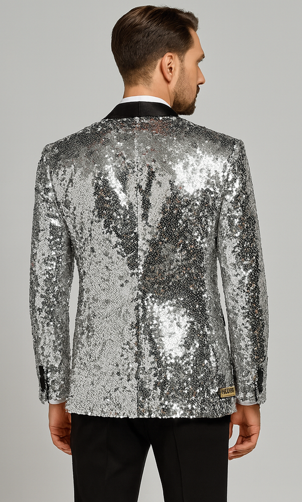 Men’s Sparkling Silver Sequin Tuxedo – Black Satin Lapel
